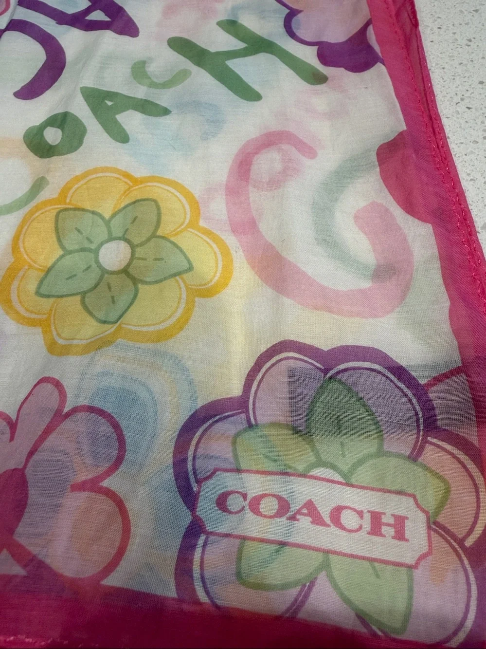 Coach Multicolor Floral Logo Sheer Scarf with Pink Trim